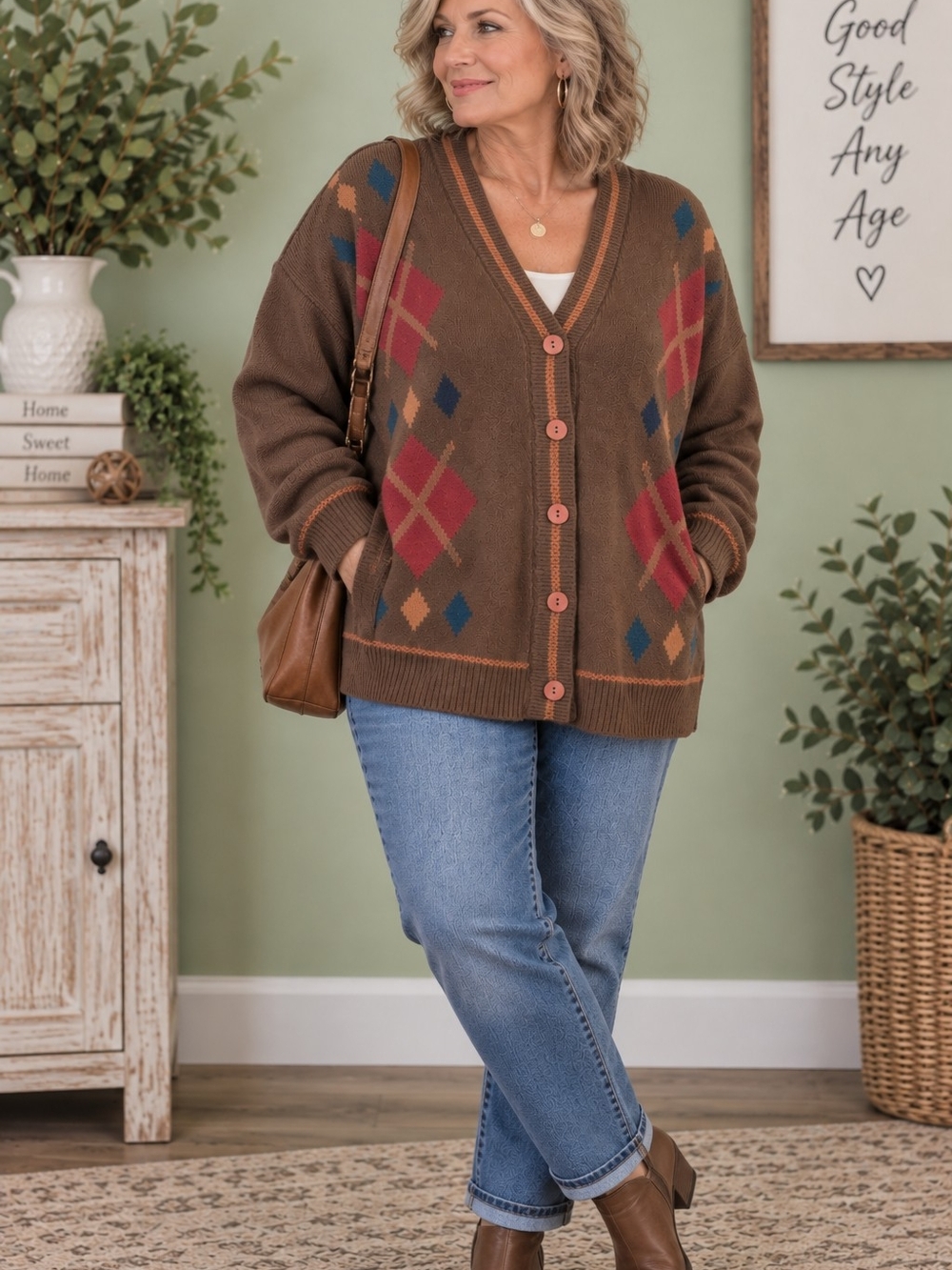 Vintage Norton McNaughton Cardigan M Made USA Argyle Oversized Acrylic Sweater